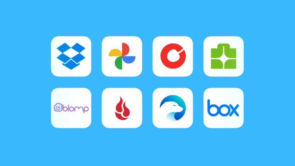 cloud storage app logos displayed in rounded squares on a soft blue background illustration