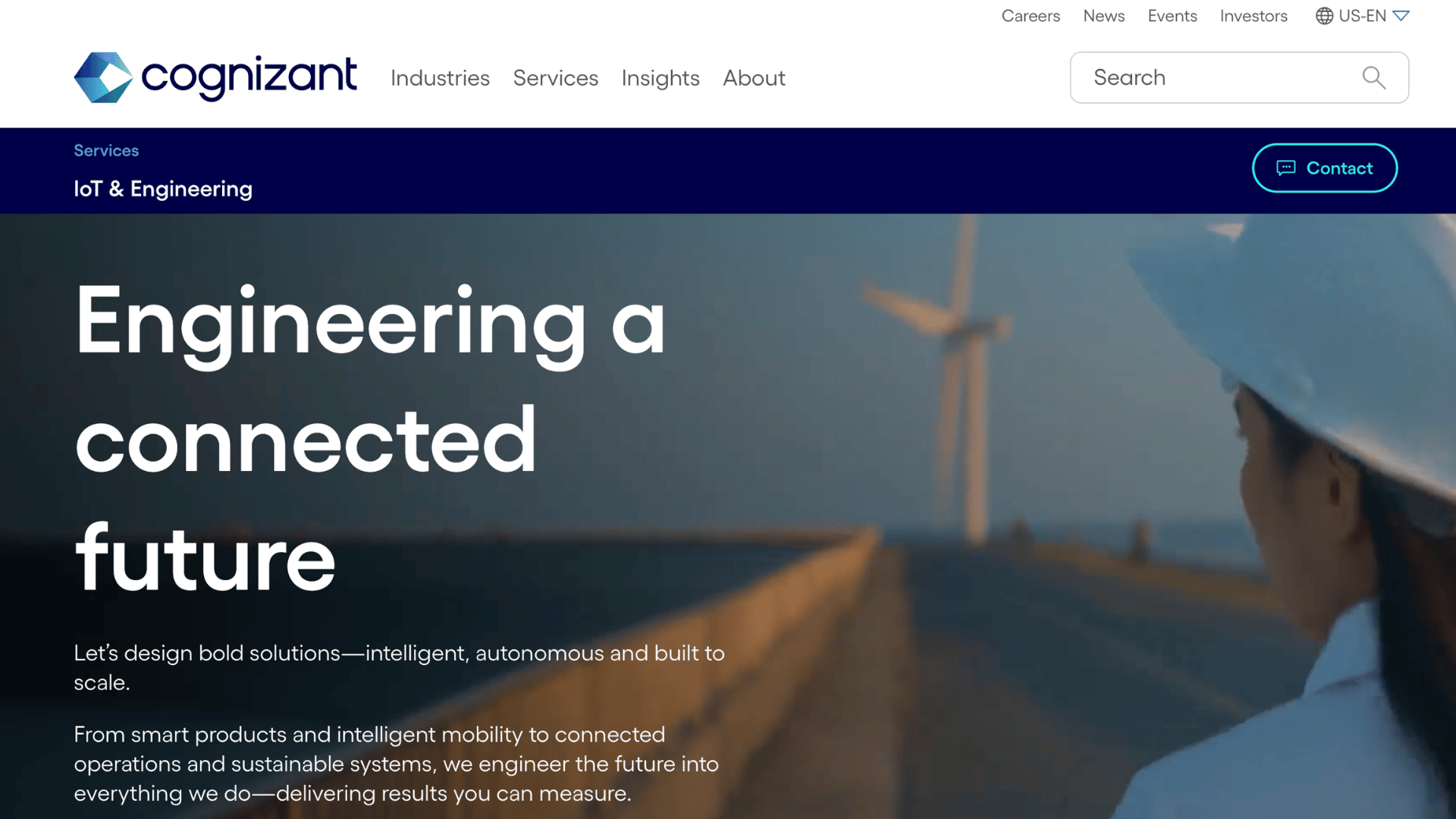 cognizant iot engineering webpage with heading engineering a connected future showing a person wearing a hard hat