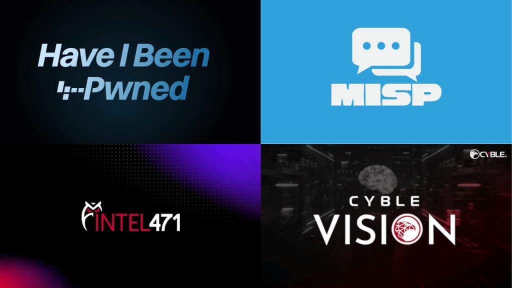 collage showing four different threat intelligence tools