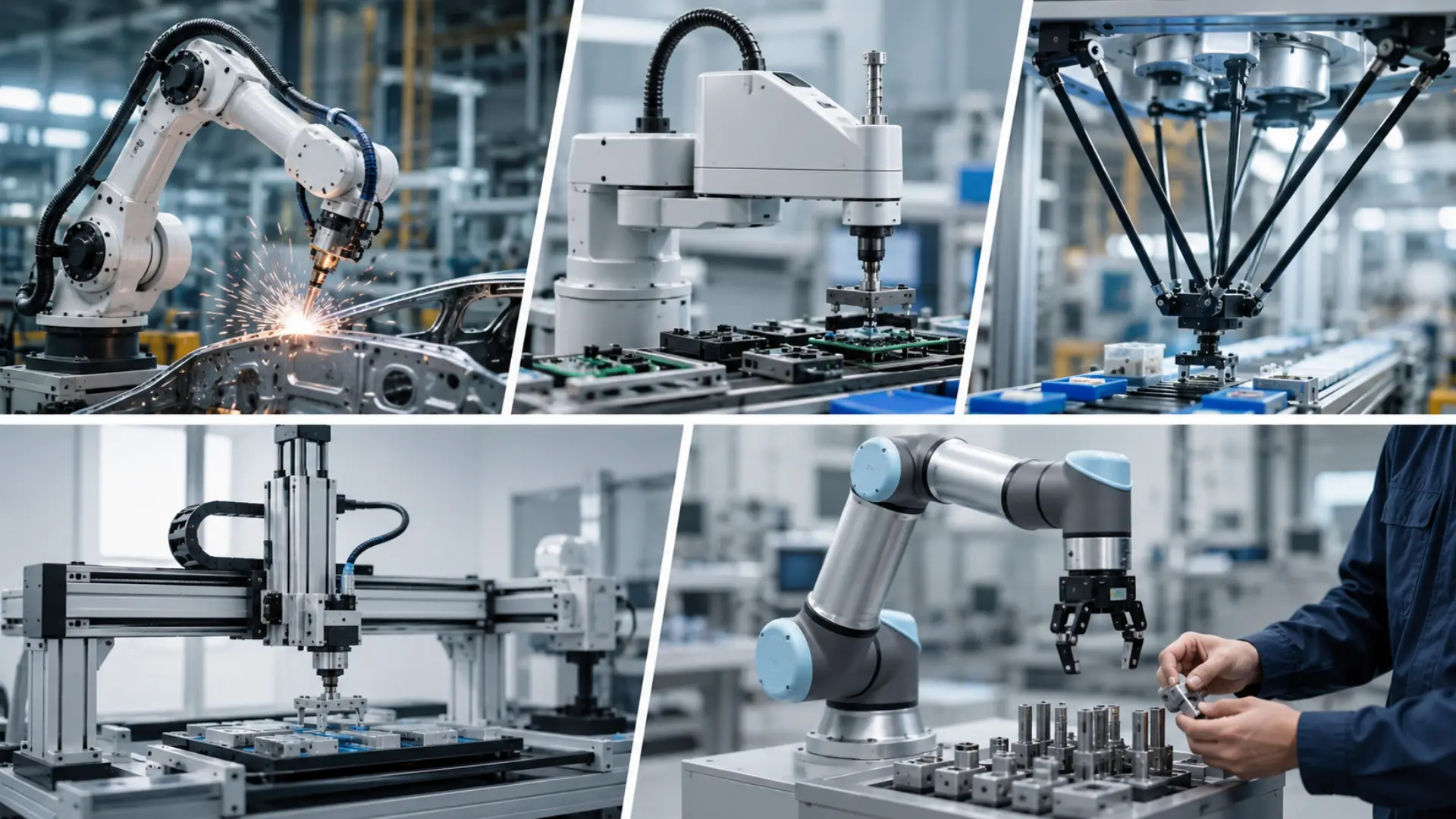 Collage showing major types of industrial robots used in automation, welding, assembly, and precision manufacturing