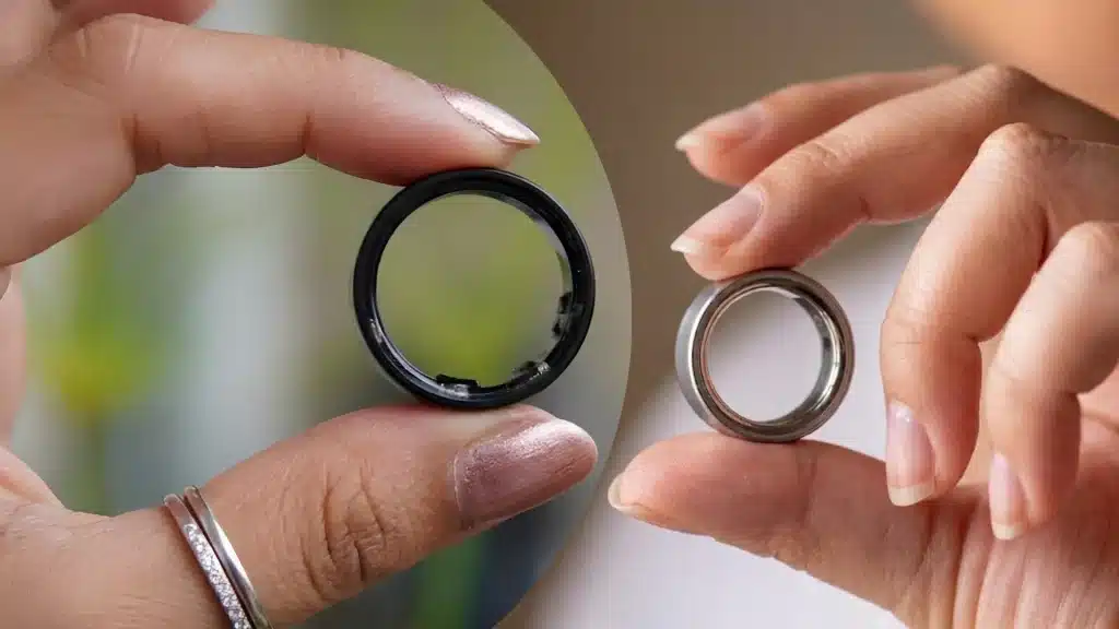 Comparison of Oura Ring and Samsung Galaxy Ring held between fingers showing size, thickness, and inner sensor design