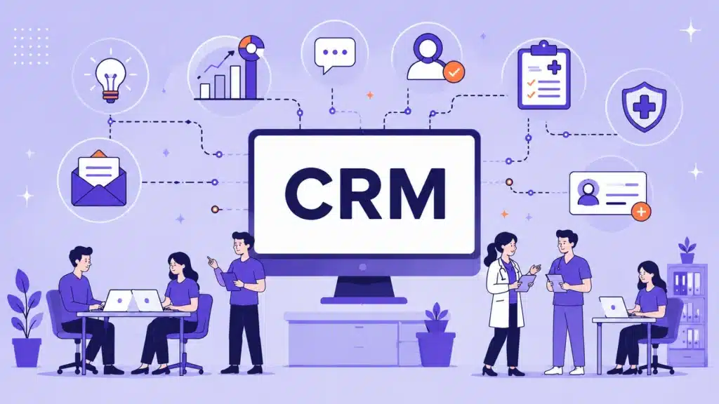 CRM acronym shown on a monitor with business and healthcare workflow icons