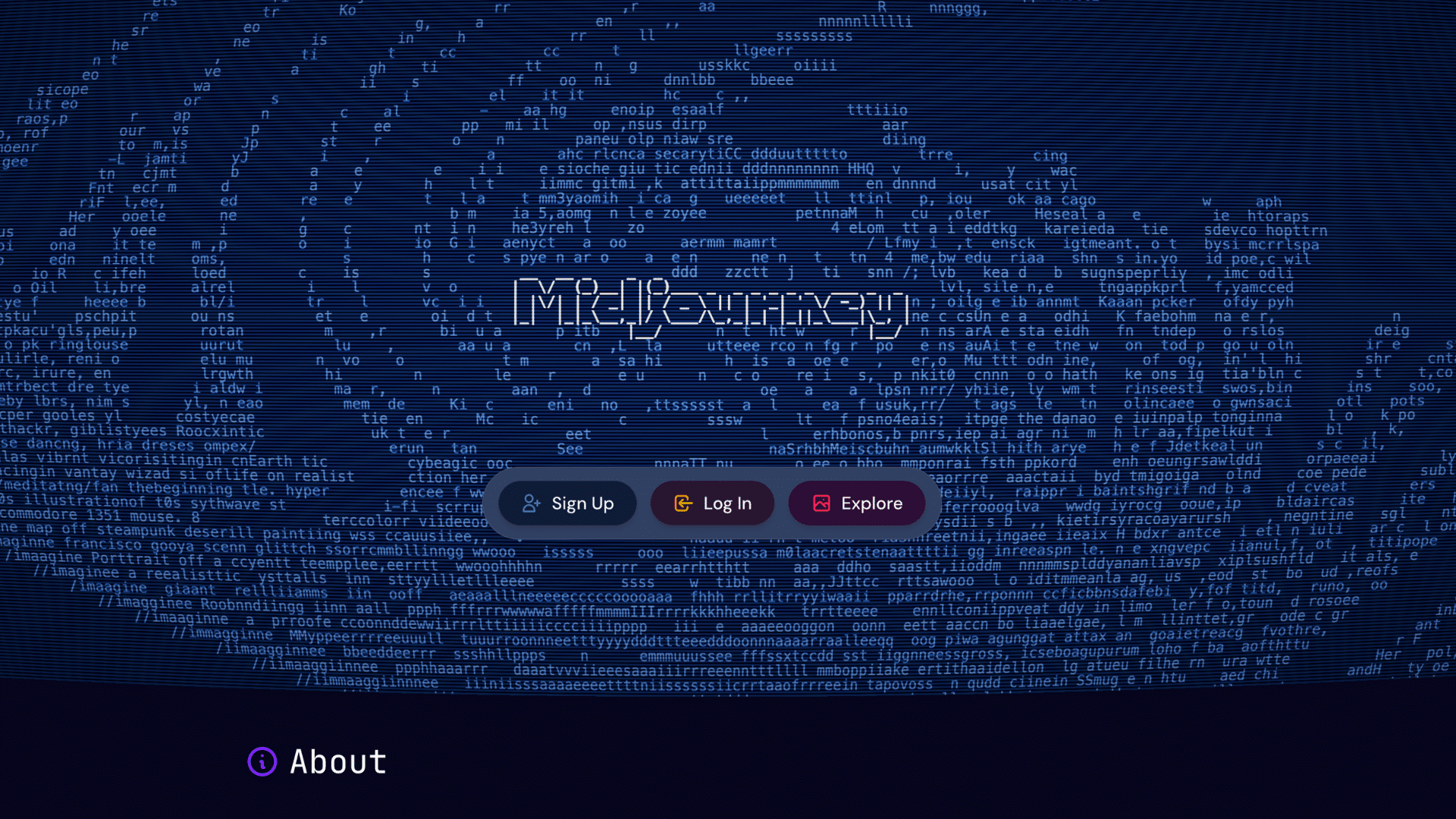 dark themed midjourney homepage with text art background and signup login and explore buttons at center