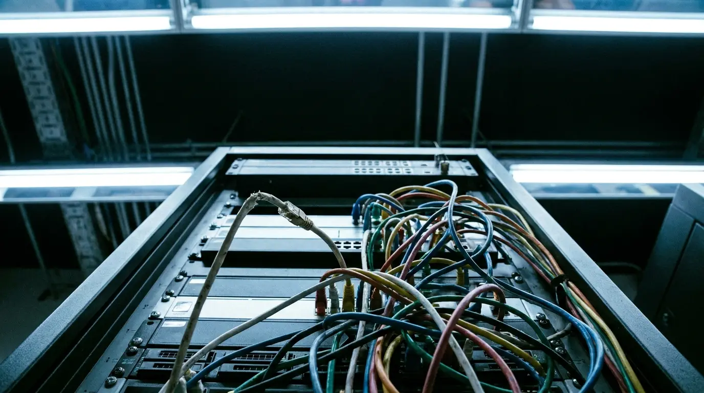 Server rack with colorful network cables in a dimly lit data center.