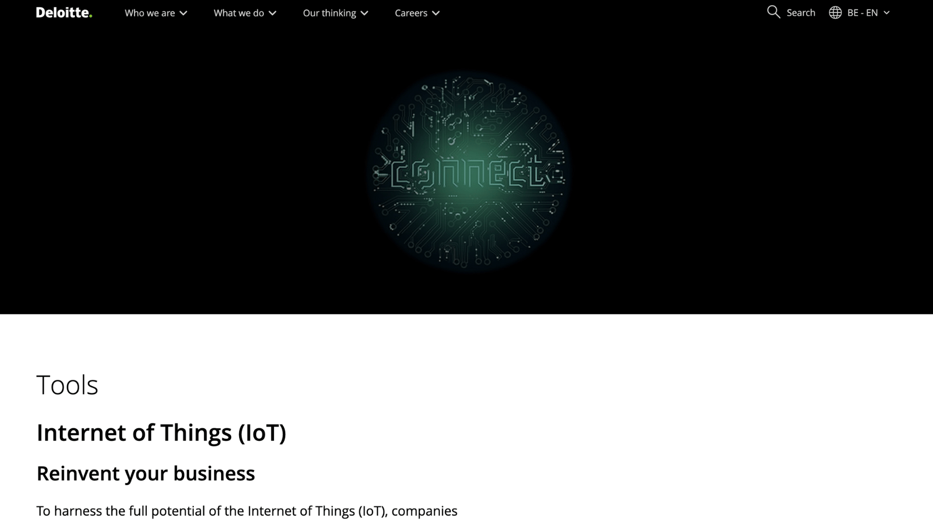 deloitte internet of things webpage featuring a circular green glowing circuit design with the word connect inside