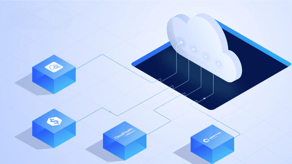 diagram showing cloud optimization platforms connected to cloud infrastructure for cost management and analytics