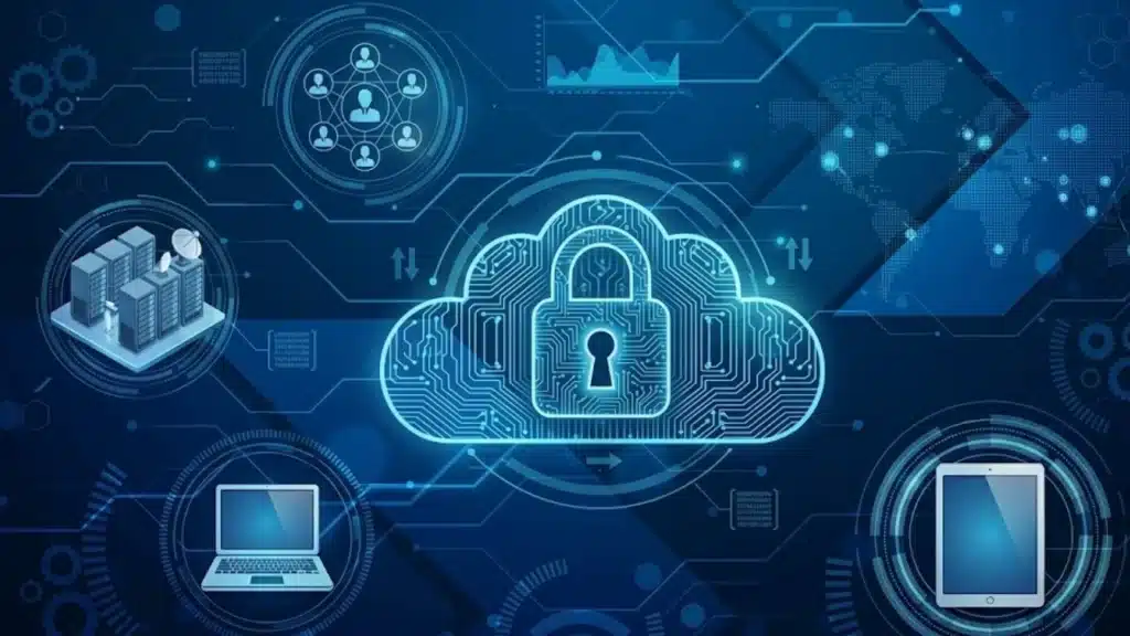 Digital cloud security illustration showing a glowing lock inside a cloud surrounded by servers, laptop, tablet, and network icons