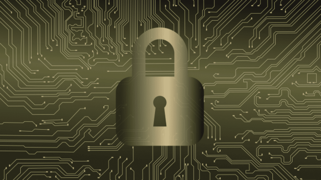 digital lock icon over circuit board background showing online security and data protection concept