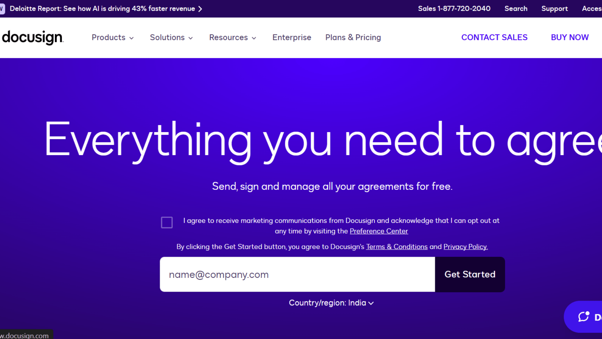 docusign homepage with purple hero section email sign up field and navigation for products pricing and free trial