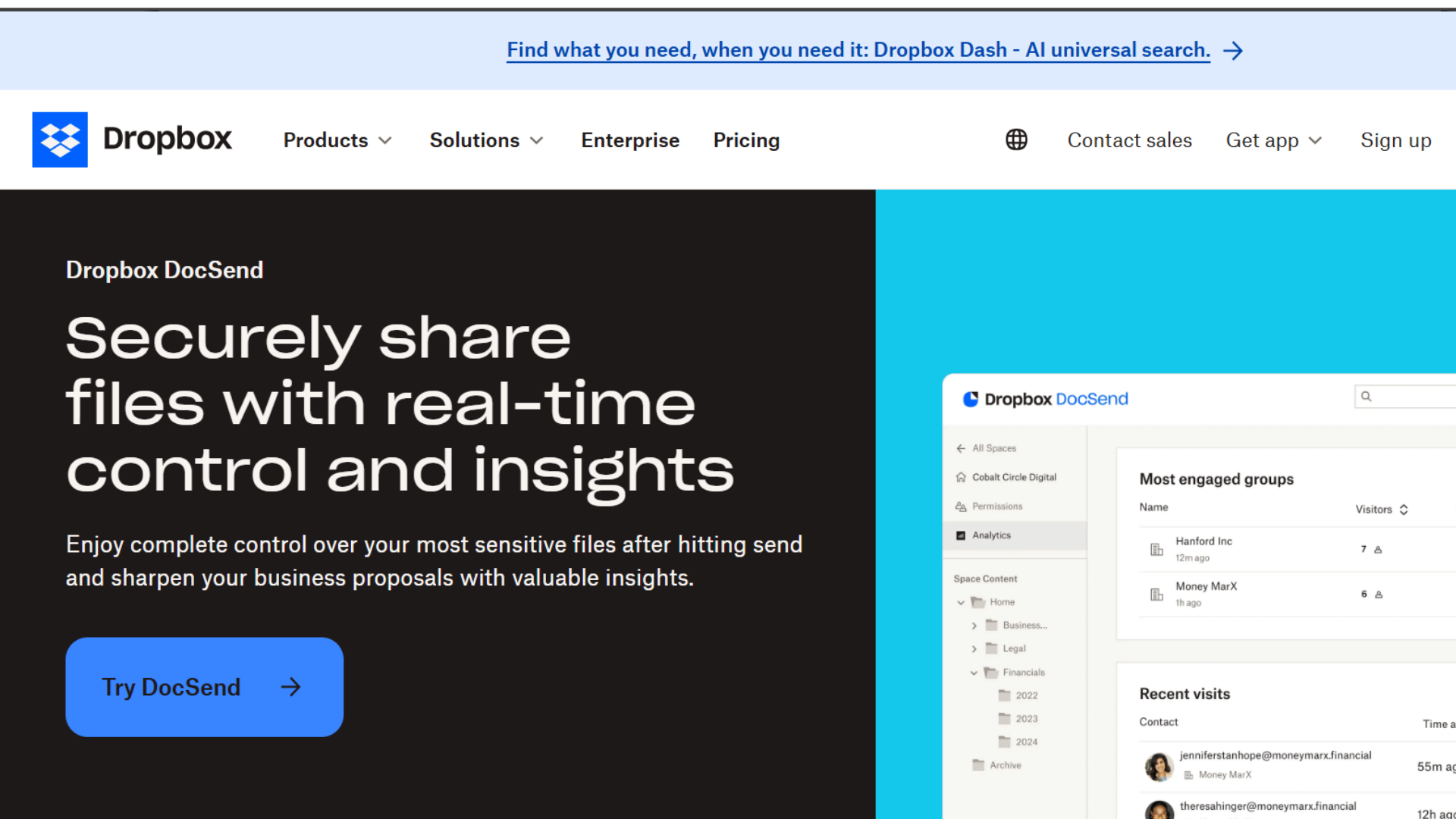 dropbox docsend page showing file sharing headline try docsend button and analytics dashboard preview