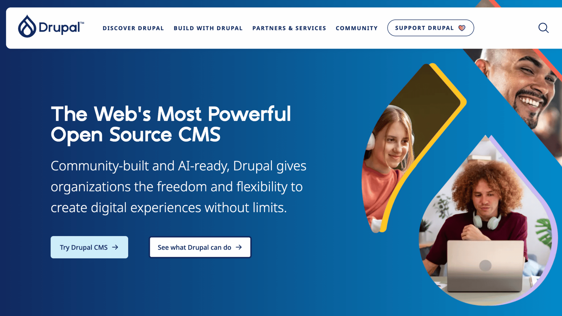 drupal homepage with open source cms message and diverse people using laptops inside colorful droplet shaped graphics