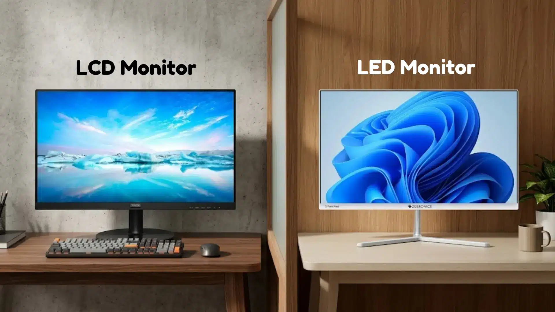 Dual LCD and LED monitor setup comparison on modern desks with different screen designs and displays