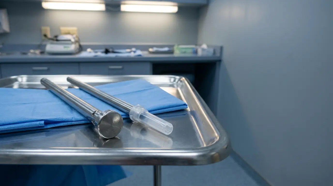 Surgical instruments on stainless steel tray in blue-lit medical examination room