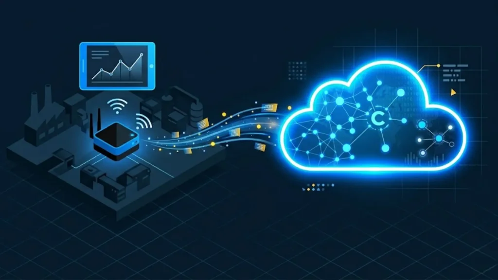 Edge computing diagram showing data flow between IoT device and cloud platform for real-time processing