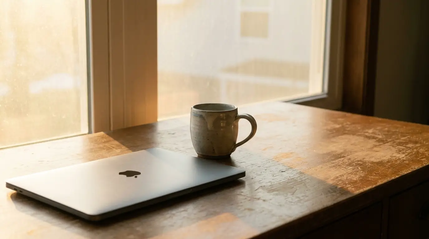 Laptop and ceramic mug on wooden desk by sunlit window