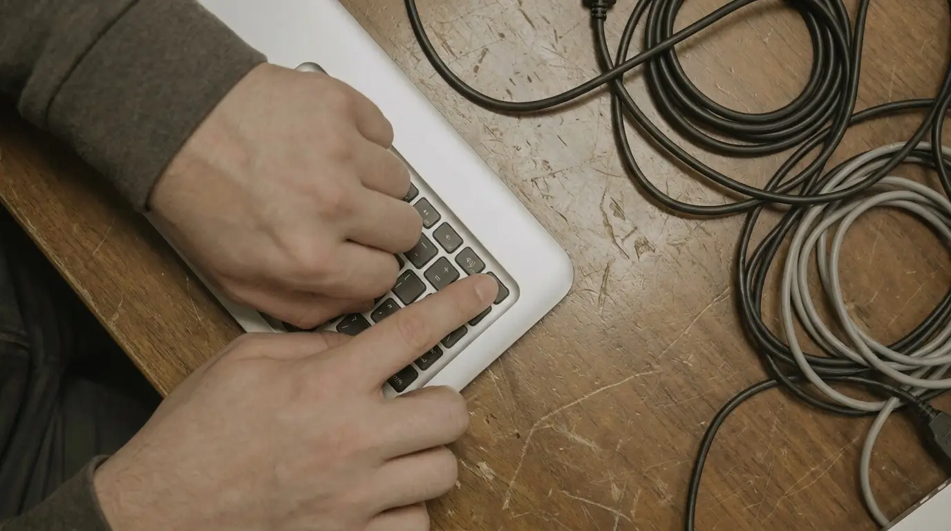 Hands typing on silver laptop keyboard beside coiled cables on wooden desk