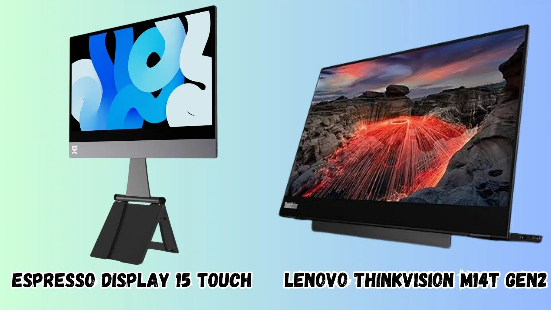 Espresso Display 15 Touch and Lenovo ThinkVision M14t Gen2 touchscreen portable monitors on gradient background