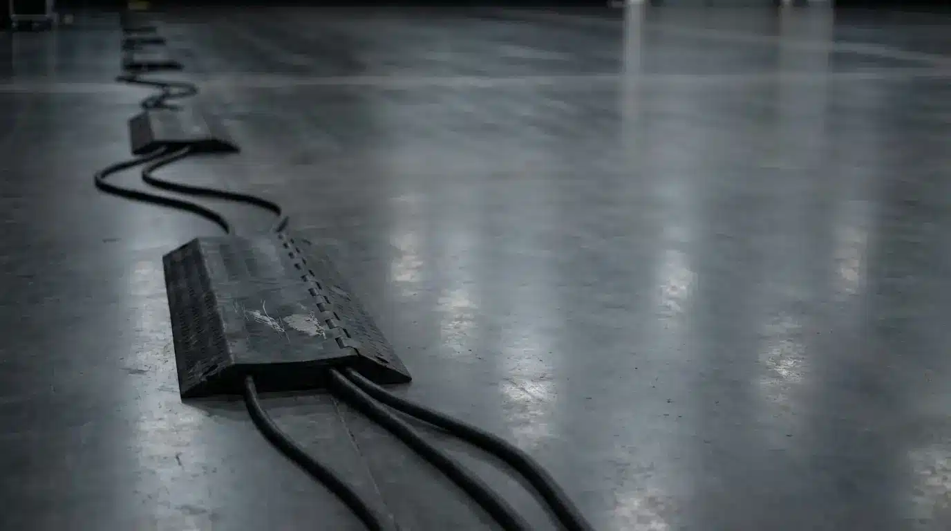 Black cable protectors lined diagonally on a shiny indoor floor with overhead lighting reflections