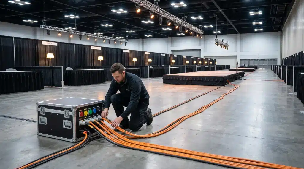 Technician connecting cables to power box in large conference hall with stage setup