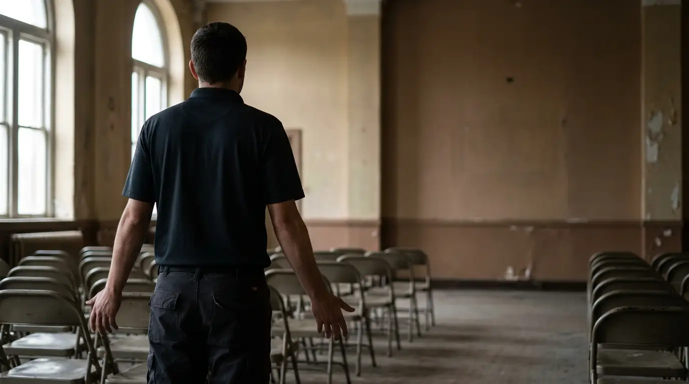 Man standing in empty room facing rows of folding chairs in dim lighting