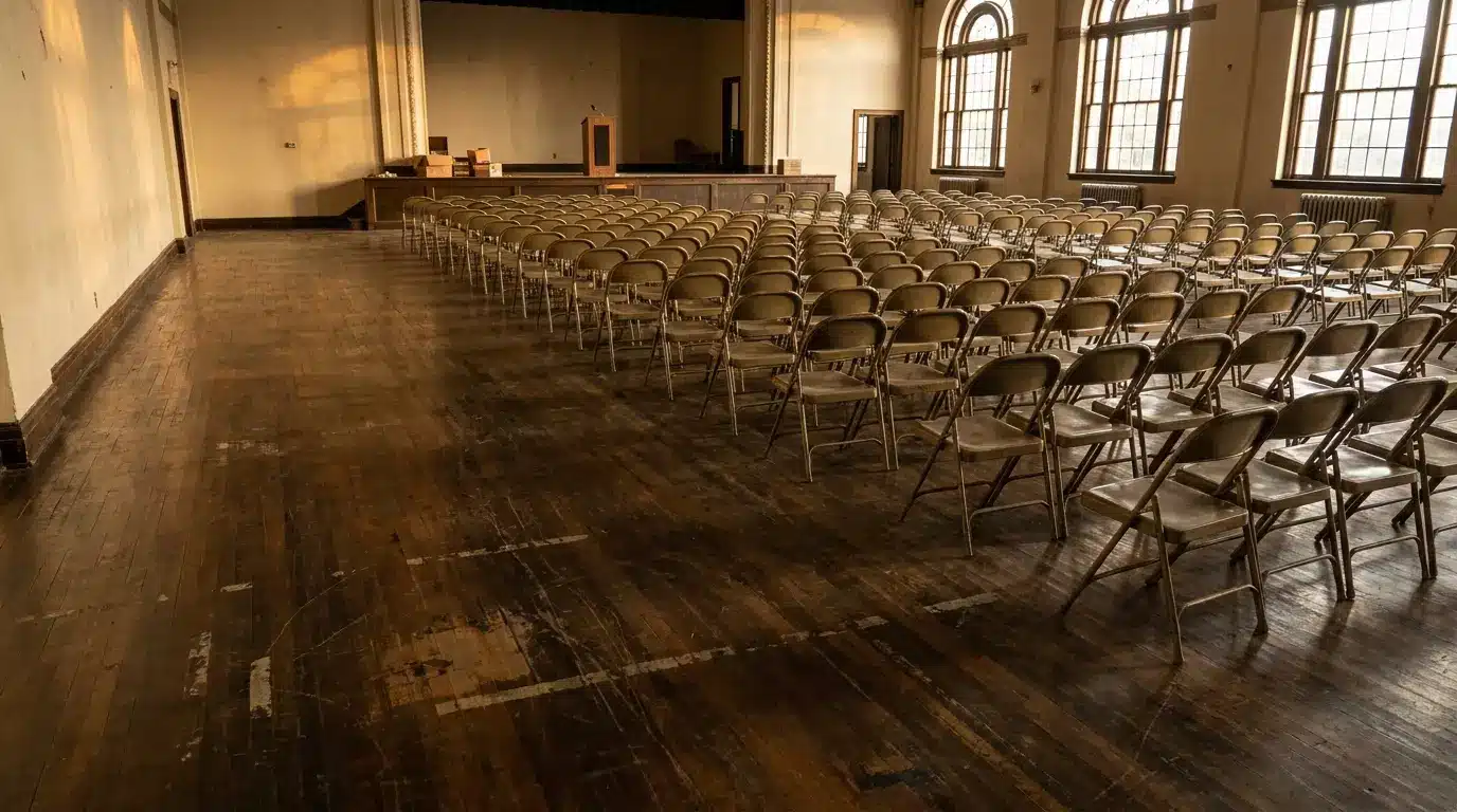 Rows of empty chairs facing a stage in a vintage auditorium with wooden floors