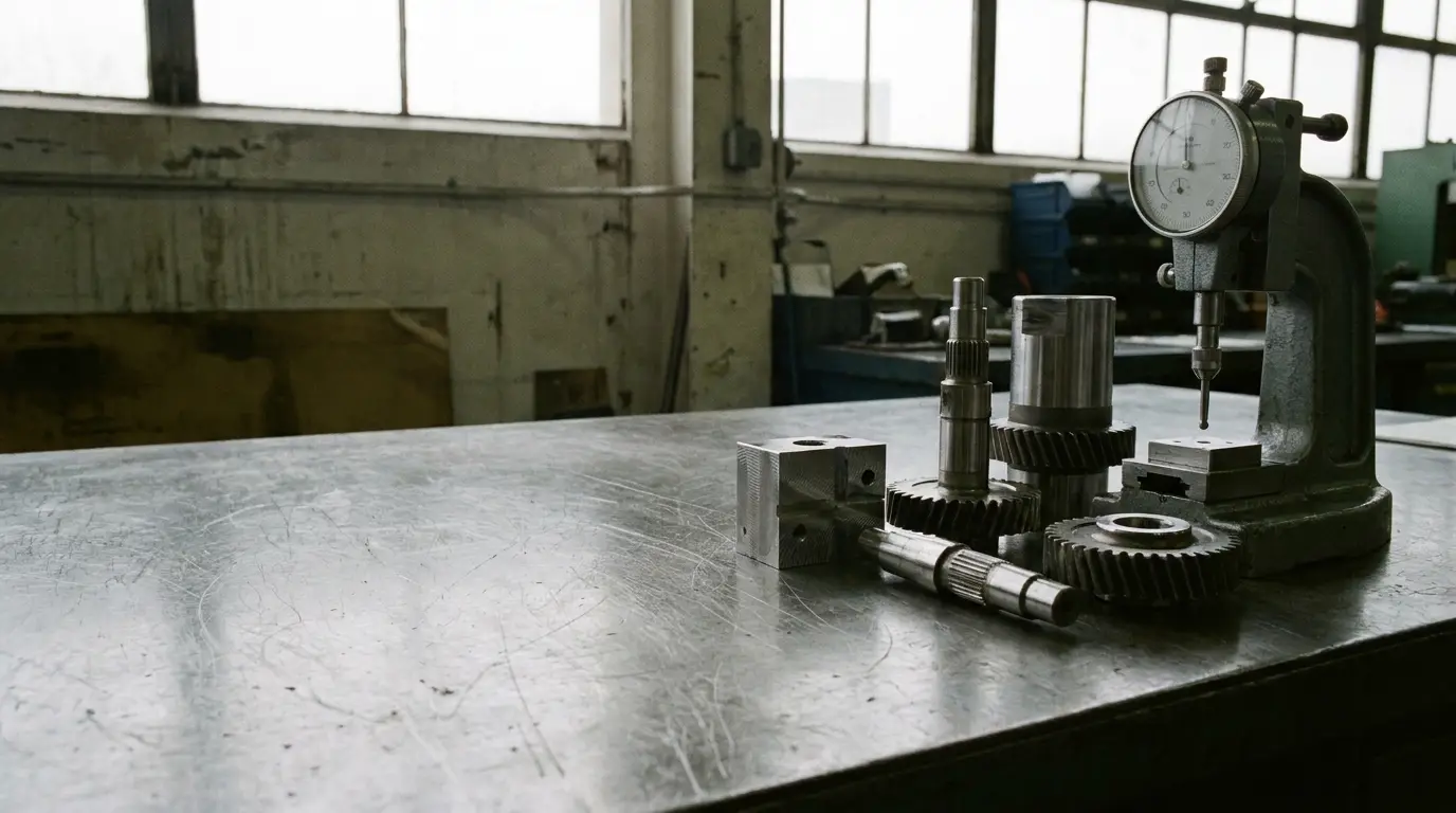 Metal gears and parts on a workbench in an industrial workshop with vintage machines