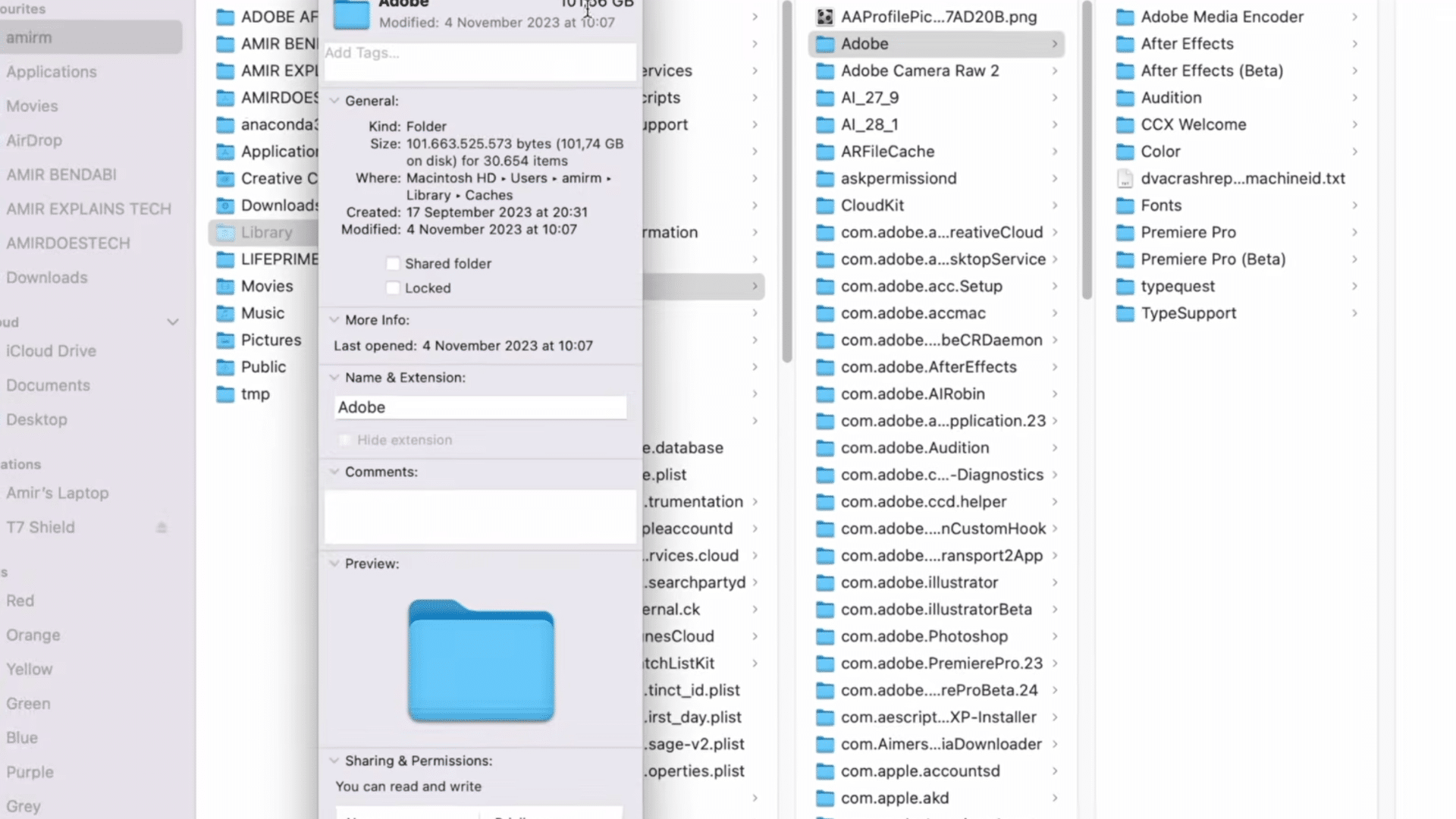 finder window showing adobe cache folder details with large storage size and adobe app directories in library caches section