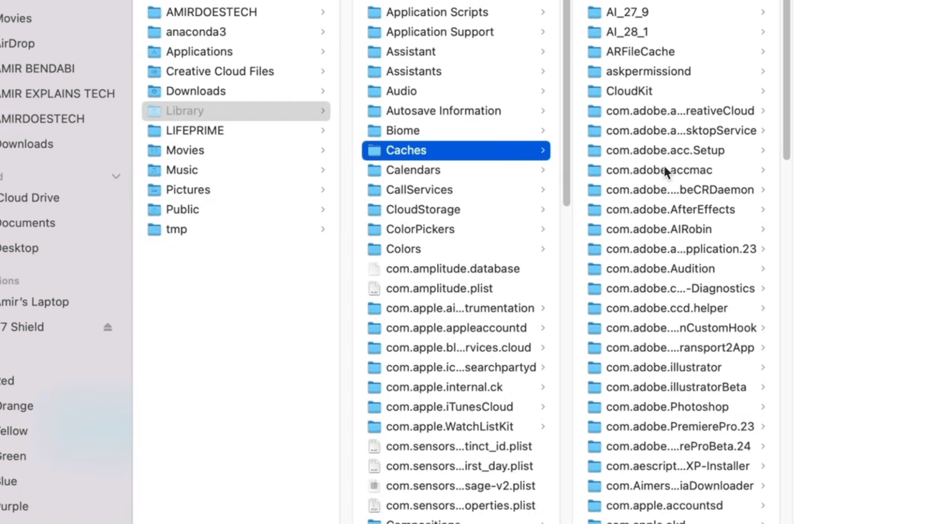 finder window showing caches folder inside library with adobe and apple cache directories listed in column view