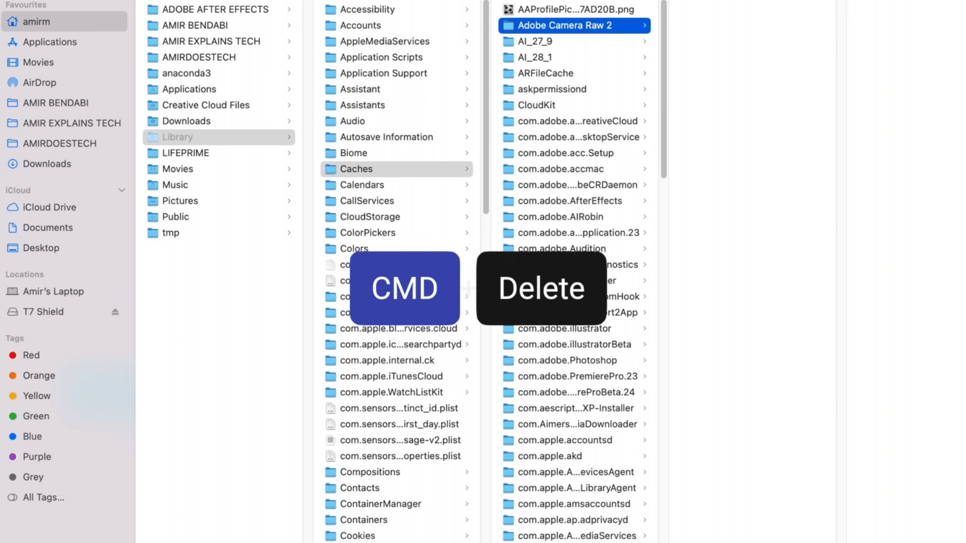 finder window showing caches folder with adobe camera raw selected and keyboard hint for command delete shortcut displayed