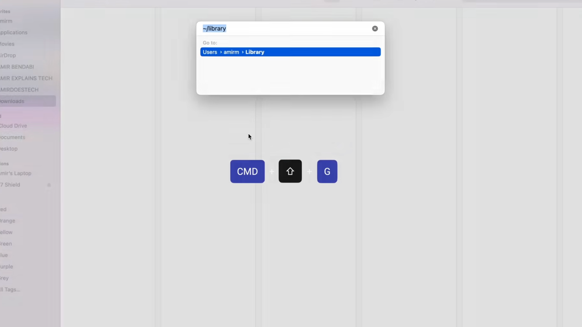 finder window showing go to folder dialog with library path entered and keyboard shortcut icons for command shift g
