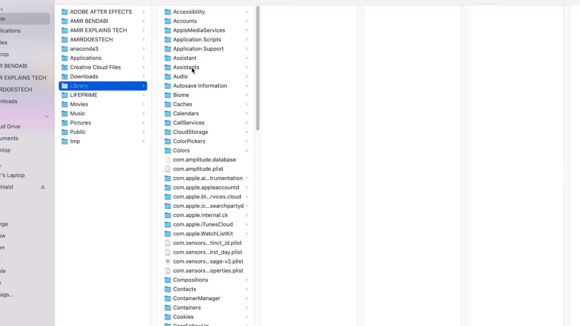 finder window showing library folder contents with system files and application support directories in column view