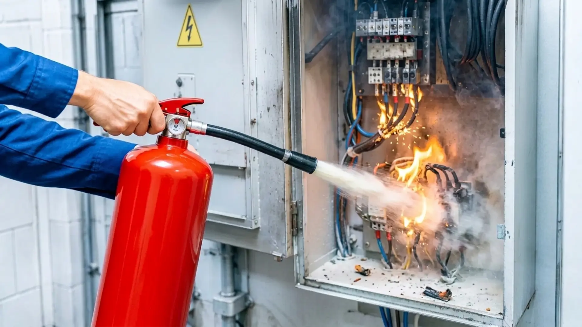 Fire extinguisher spraying an electrical panel fire with flames, sparks, and smoke inside an open cabinet