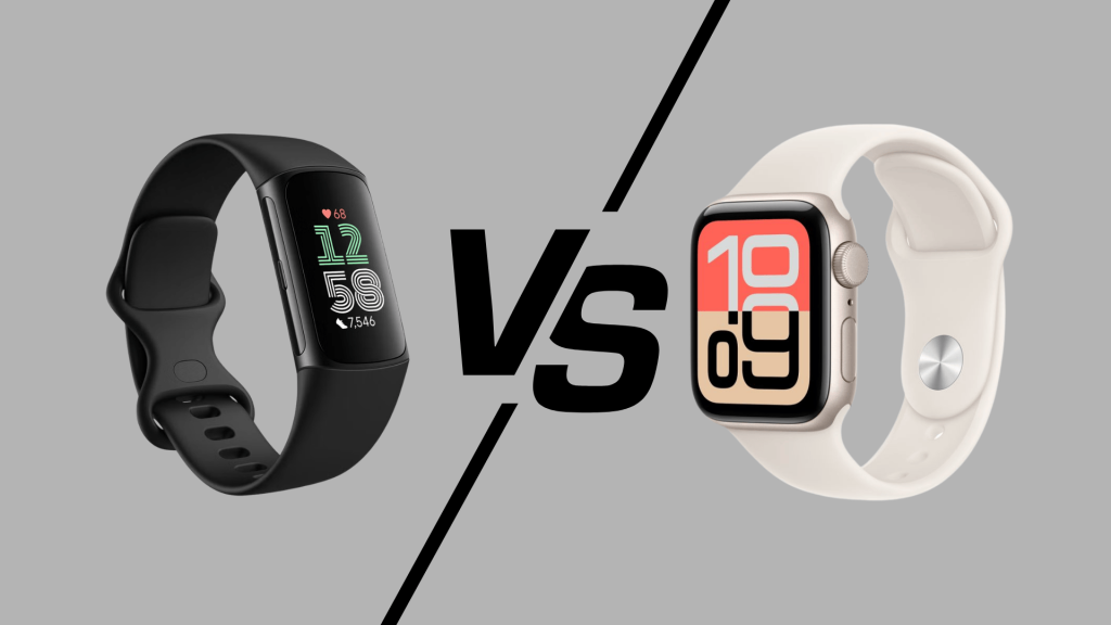 Fitbit vs Apple Watch comparison image showing both devices side by side with display screens and design differences