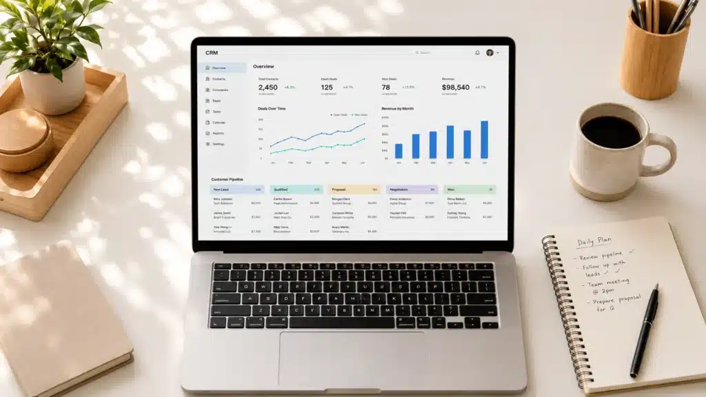 Flat-lay of desk with CRM dashboard and notebook