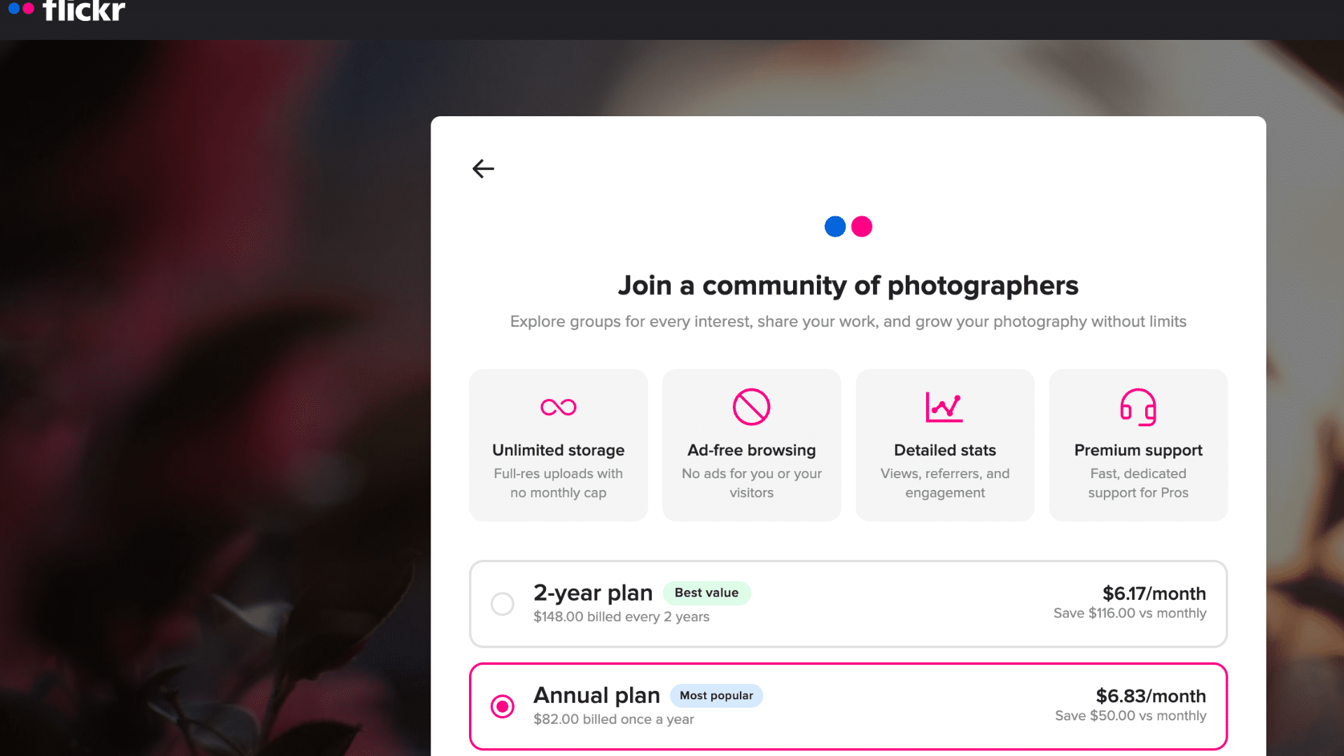 flickr subscription page showing photographer community plans with storage features and pricing option