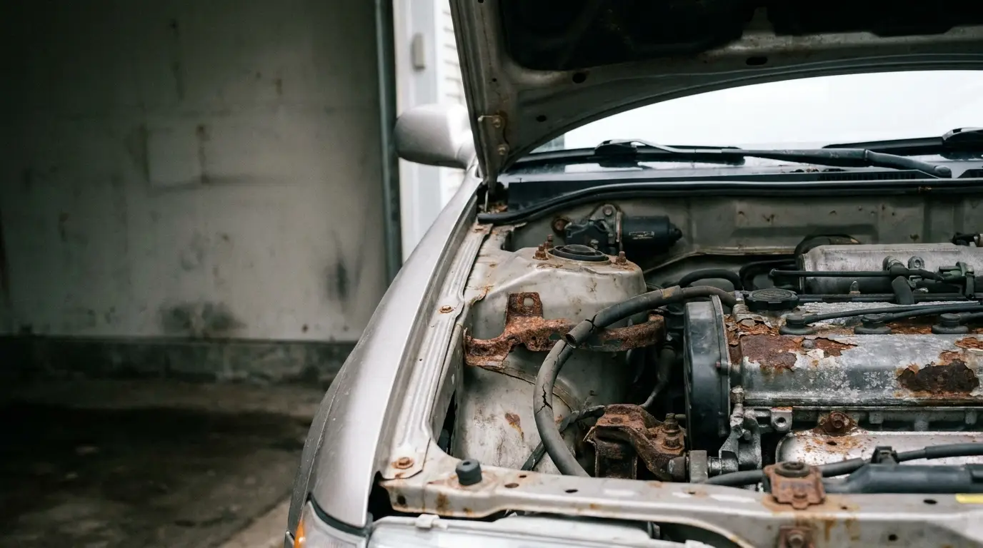 Rusty car engine with hood open inside a dimly lit garage