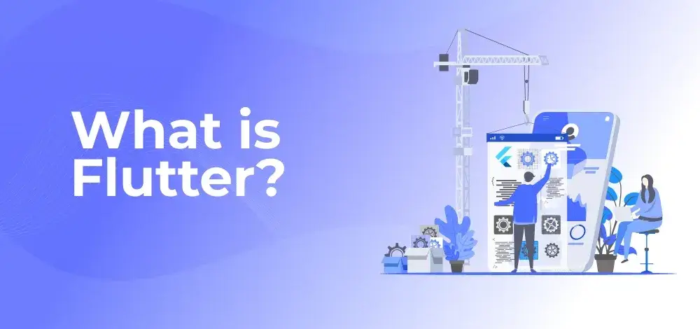 Illustration of a person building a mobile app with gear icons and crane in tech setting