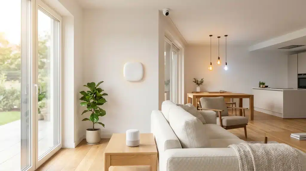 Modern living room with beige sofa, wooden coffee table, potted plant, and large glass doors