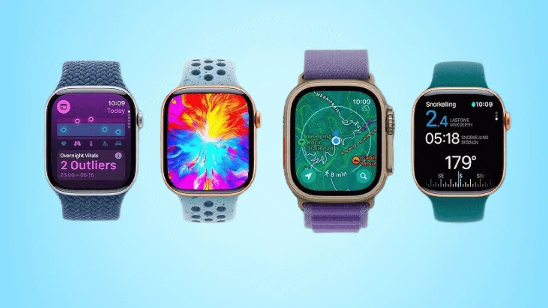 Four Apple Watch models with colorful bands and fitness tracking screens displayed on a blue background