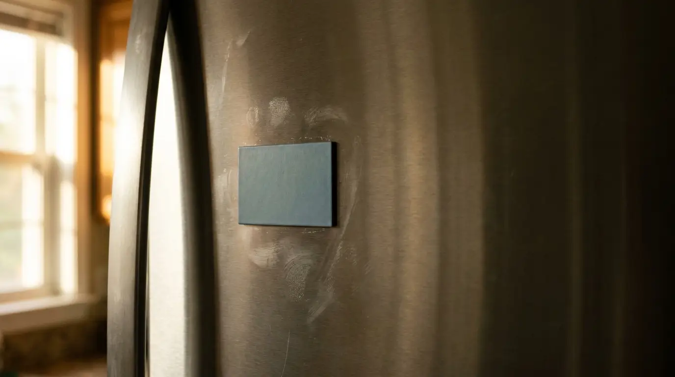 Stainless steel refrigerator door with visible fingerprints and a black magnet in a kitchen setting