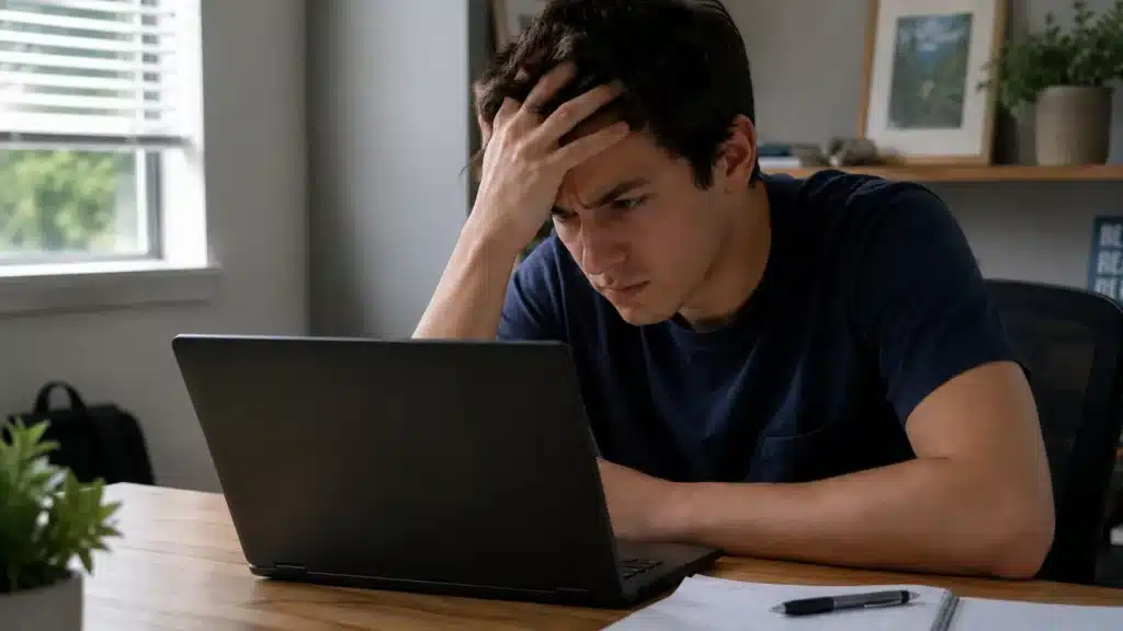 Frustrated man waits as a Chromebook shows a loading cursor in a bright home office