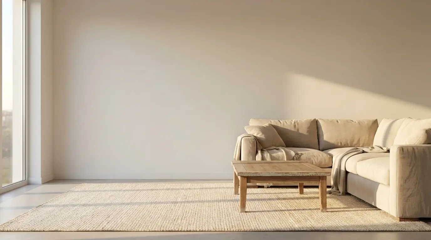 Beige sectional sofa with pillows and throw on woven rug in sunlit living room
