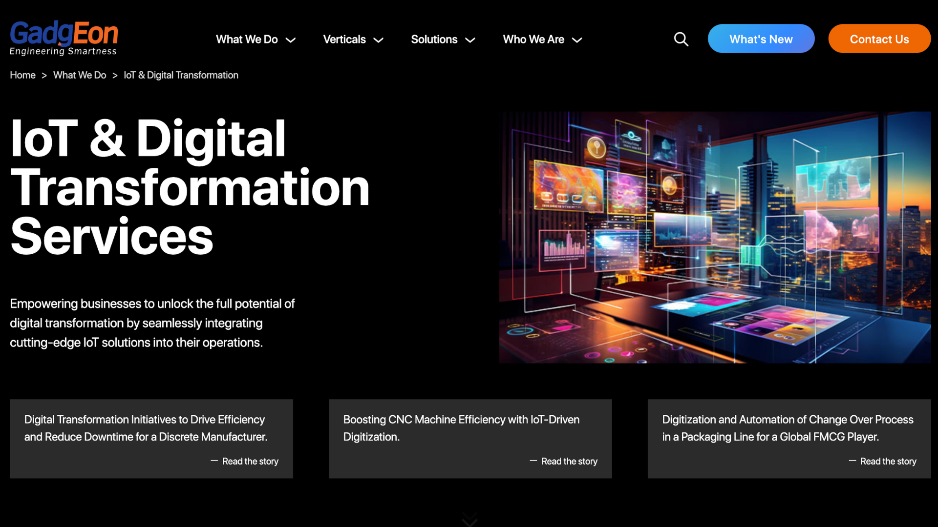 gadgeon website with text iot and digital transformation services next to a graphic showing glowing glowing screens