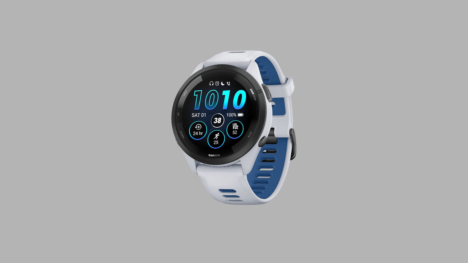 Garmin Forerunner 265 smartwatch with AMOLED display showing fitness stats, time, VO2 max, and activity data on screen