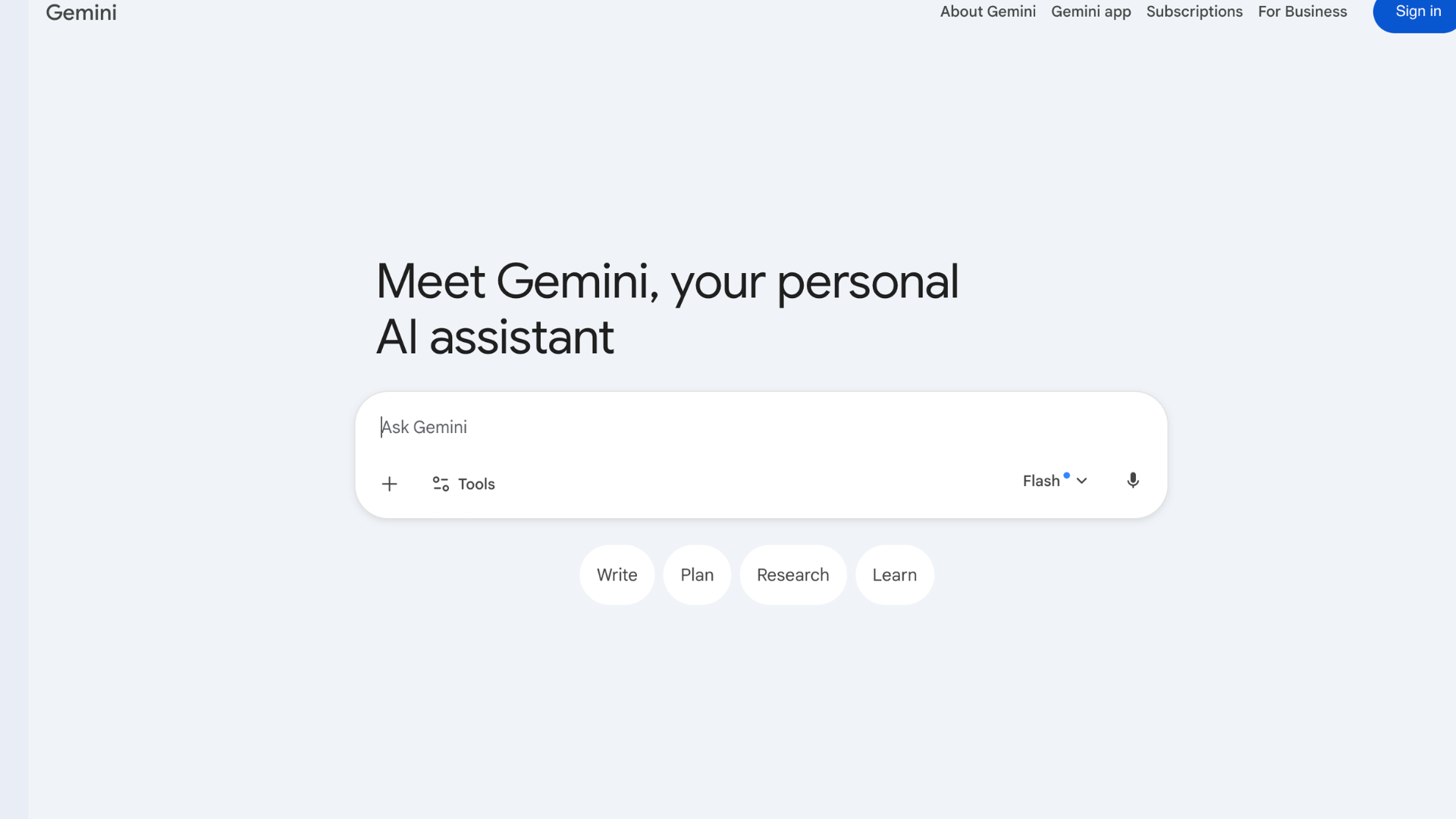 gemini homepage with personal ai assistant headline central prompt box and navigation links at the top