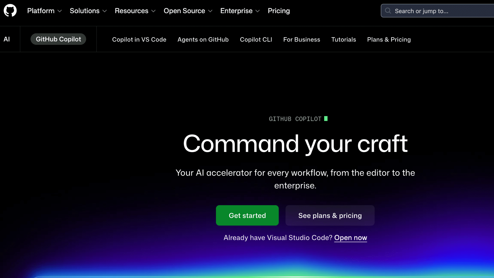 github copilot homepage with dark theme navigation menu and command your craft headline with action buttons