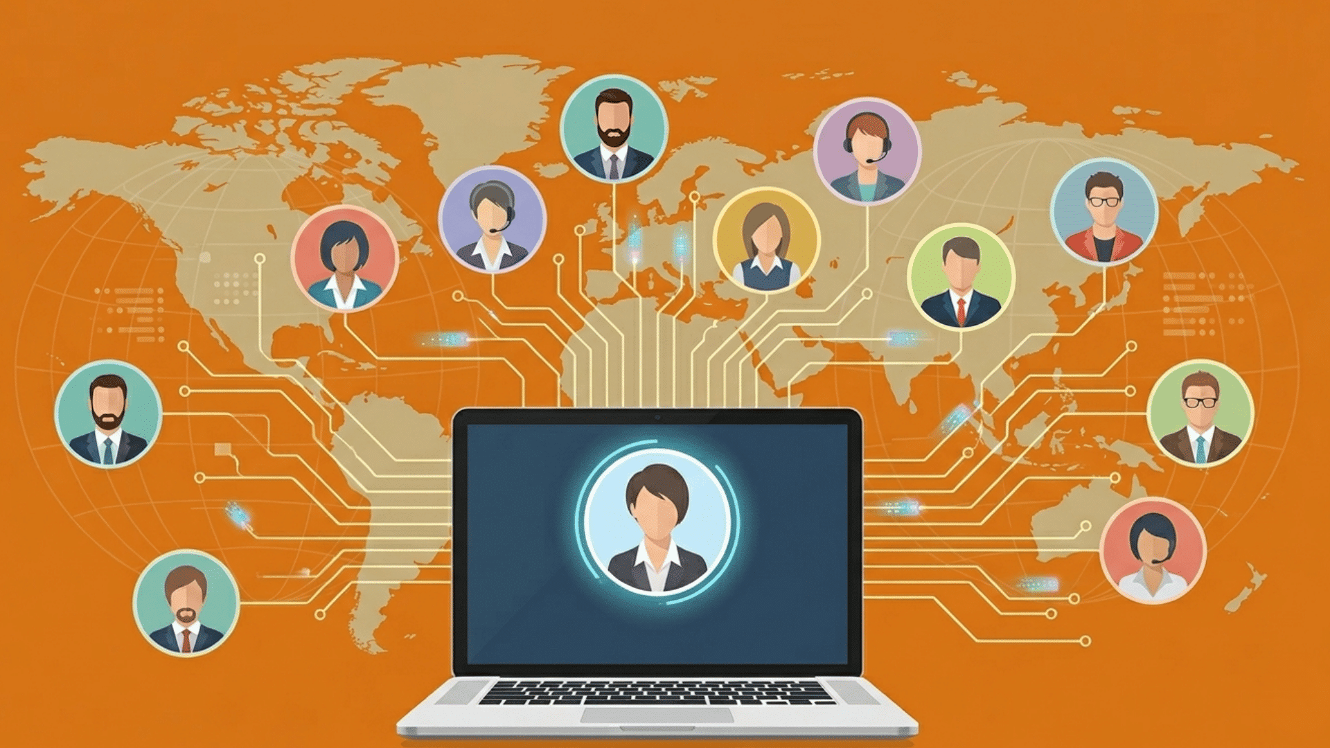 global team document tracking network with laptop user profiles and connected workflow lines across a world map