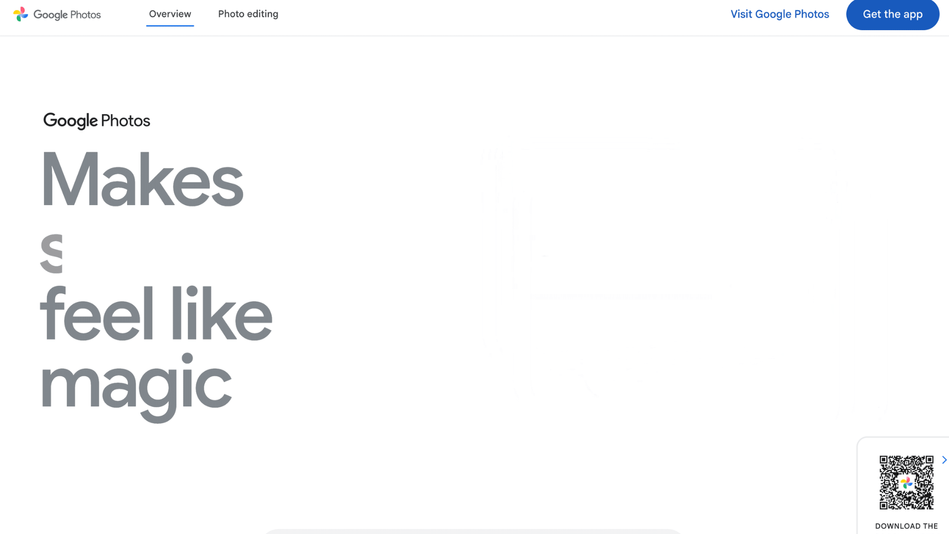 google photos webpage with large makes life feel like magic text and app download qr code on screen