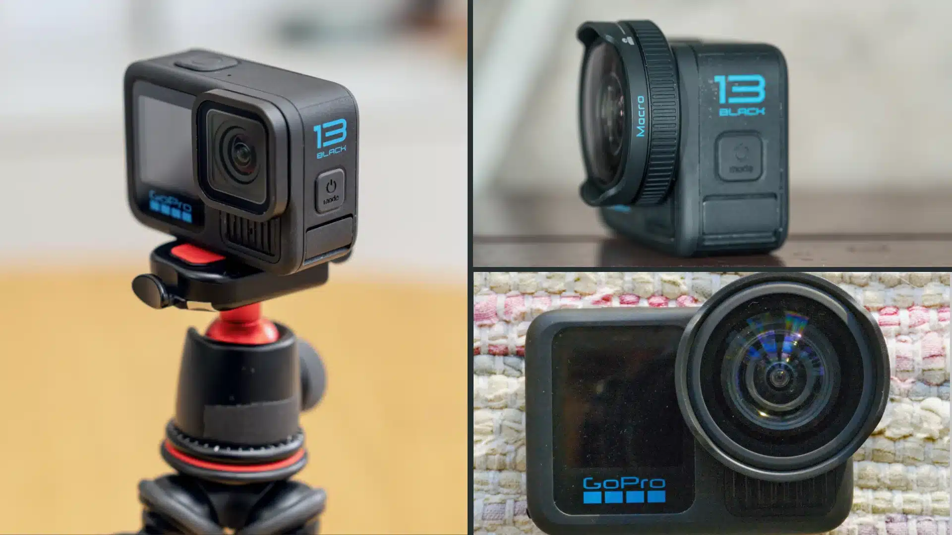 GoPro HERO13 Black with lens mods and mounting accessories shown from multiple camera angles