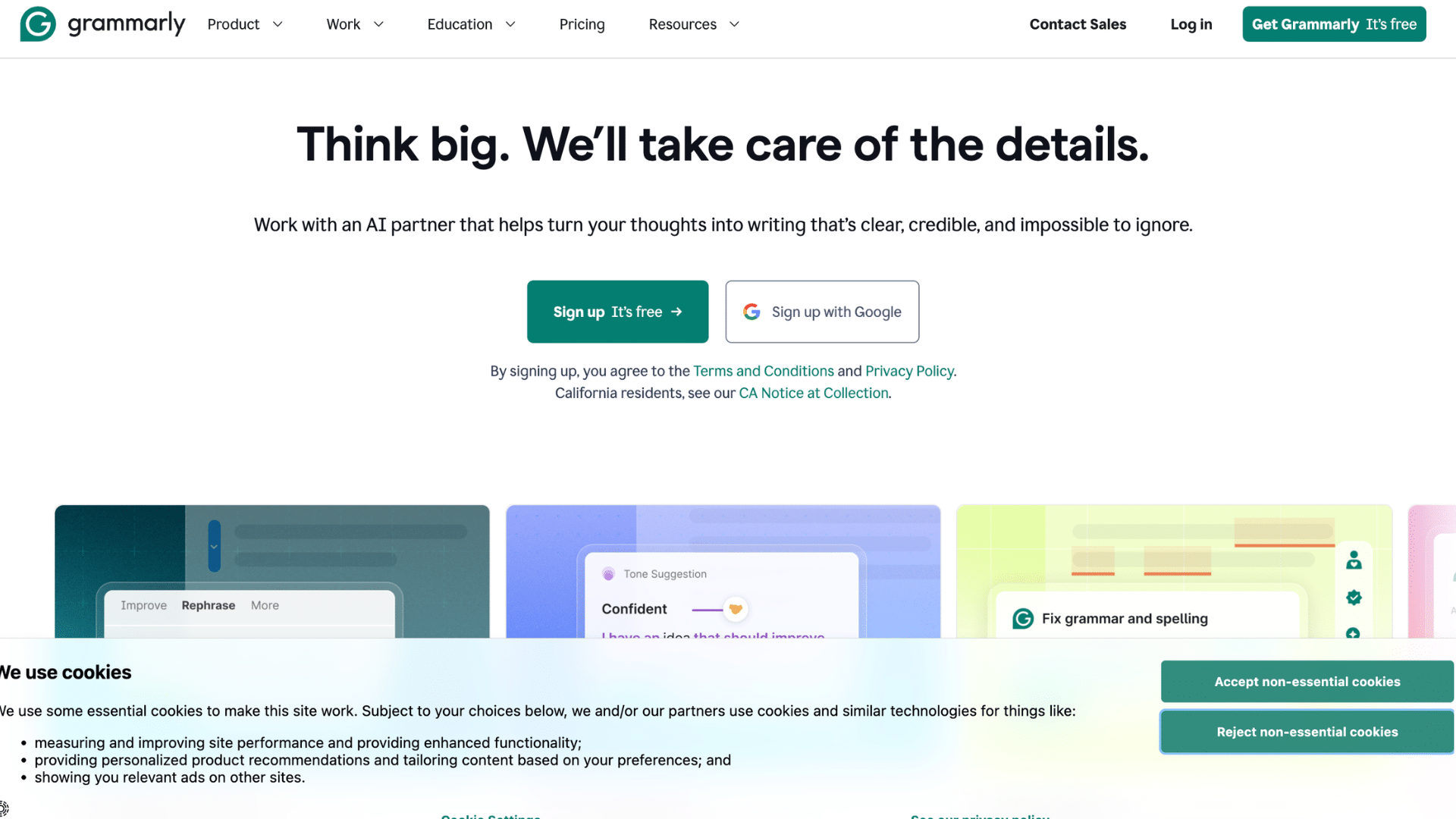 grammarly homepage with signup buttons headline text and cookie consent banner at the bottom of the screen